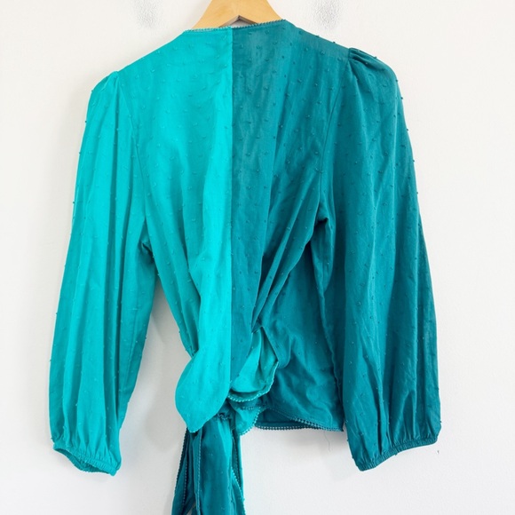 Farm Rio Anthropologie Color Block Teal Swiss Dot Wrap Blouse - Picture 2 of 6